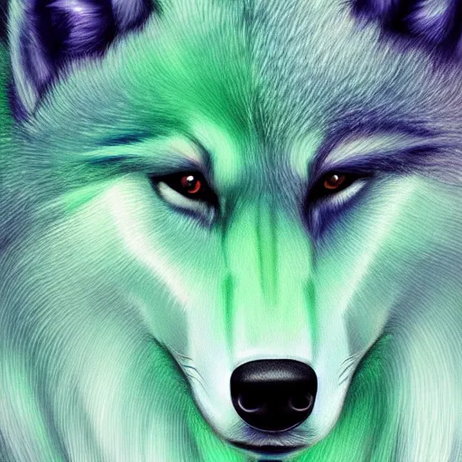 Image similar to Beautiful Digital Portrait Drawing of Mint-Colored Anthropomorphic Unicorn Wolf ,Trending on Artstation