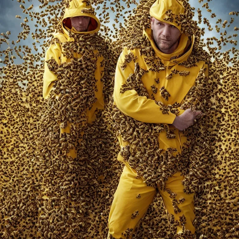 Prompt: high fashion photoshoot octane render portrait by wayne barlow and carlo crivelli and glenn fabry, a man wearing a bee - keeping suit while completely covered in honey and bees, inside a colorful field of beautiful flowers, very short depth of field, bokeh