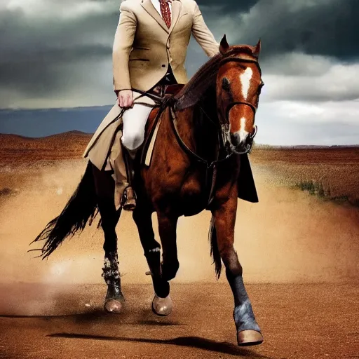 Prompt: saul goodman riding a horse while holding a sword, tv still