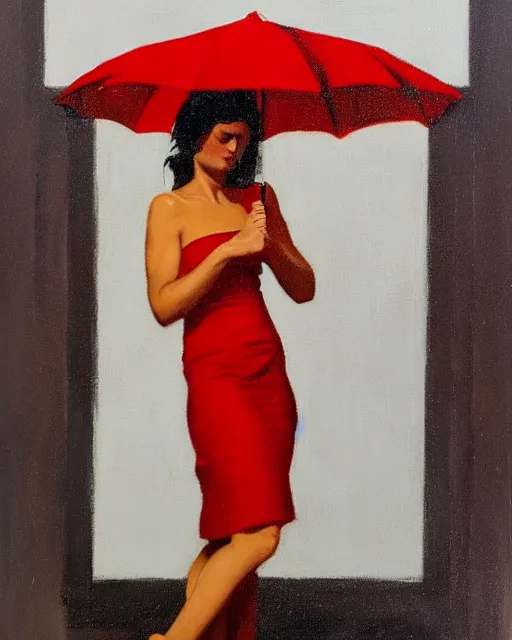 Image similar to a jack vettriano portrait painting of a woman wearing a red dress dancing in the pouring rain