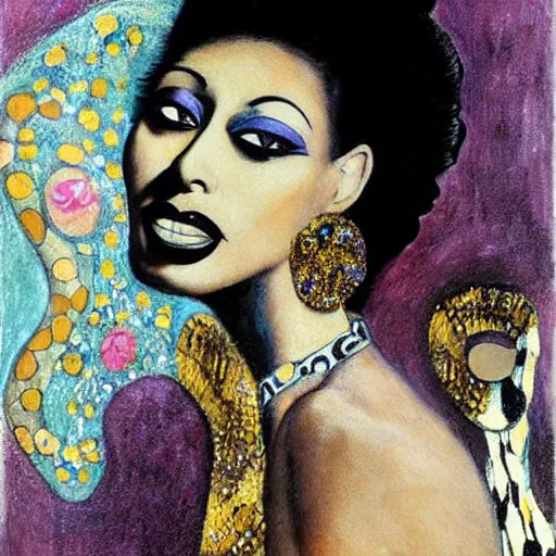 Prompt: josephine baker with snake skirt, intricate detail, painting, jazz age, miro, klimt, royo, frazetta, whealan,