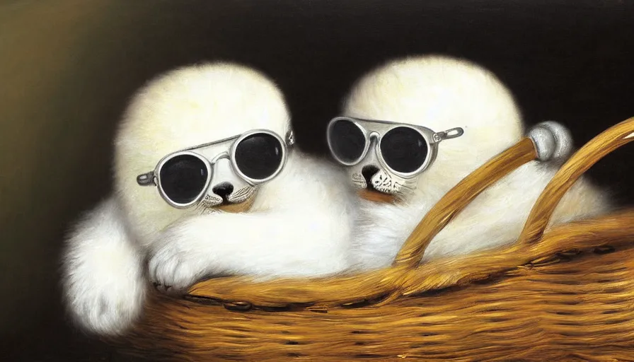 Prompt: highly detailed painting of cute furry white baby seals wearing headphones and shades cuddling up in a basket by william turner, thick brush strokes and visible paint layers, 4 k resolution