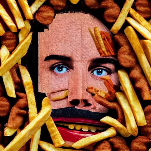 Prompt: a portrait of a person made out of hot dogs, hamburgers, and french fries. surreal. hyper realistic. photography. 4 k. hyper detail. very realistic.