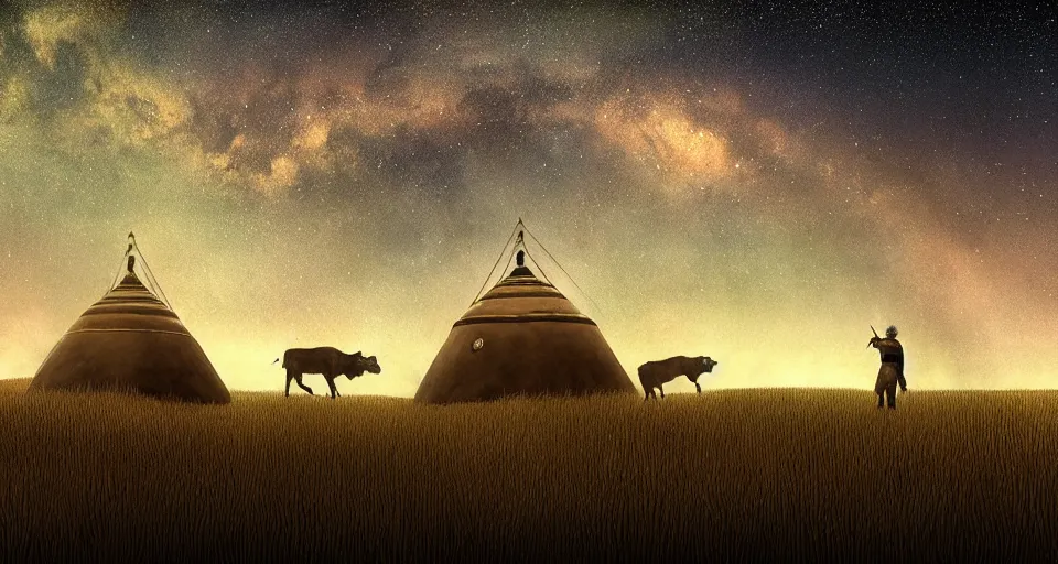 Prompt: close - up bull, deep night, stars shining, a yurt, spiral upside - down stairs construction, in the steppe, summer field, from the game pathologic 2, highly detailed, sharp focus, matte painting, by isaac levitan and asher brown durand,