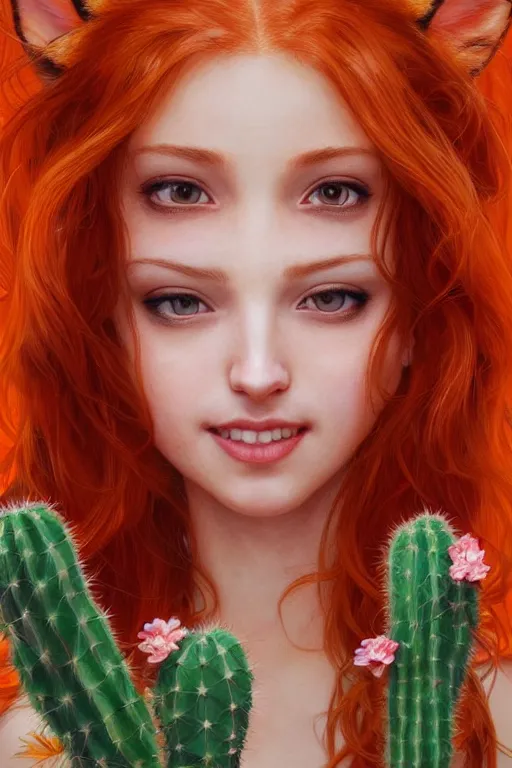 Image similar to Portrait of red-haired girl with fox ears and an evil grin in orange bikini holds a cactus cinematic lighting, intricate, elegant, highly detailed, digital painting, artstation, smooth, sharp focus, illustration, art by Yoshitaka Amano, artgerm and greg rutkowski and alphonse mucha and william-adolphe bouguereau