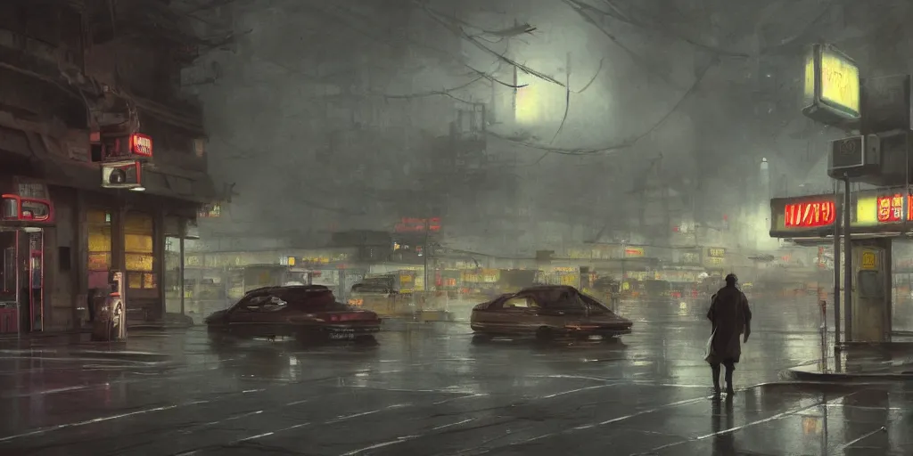 Image similar to a highly detailed epic cinematic concept art CG render digital painting artwork: Tokyo gas station, fog. By Greg Rutkowski, in the style of Francis Bacon and Syd Mead and Norman Rockwell and Beksinski, open ceiling, highly detailed, painted by Francis Bacon and Edward Hopper, painted by James Gilleard, surrealism, airbrush, Ilya Kuvshinov, WLOP, Stanley Artgerm, very coherent, triadic color scheme, art by Takato Yamamoto and James Jean