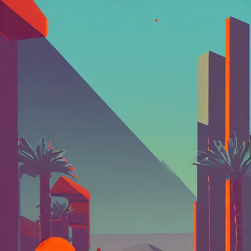 Prompt: a beautiful two color illustration of palm springs by James gilleard, green, orange, artstation HD, geometric lines, HD, 4k, 8k