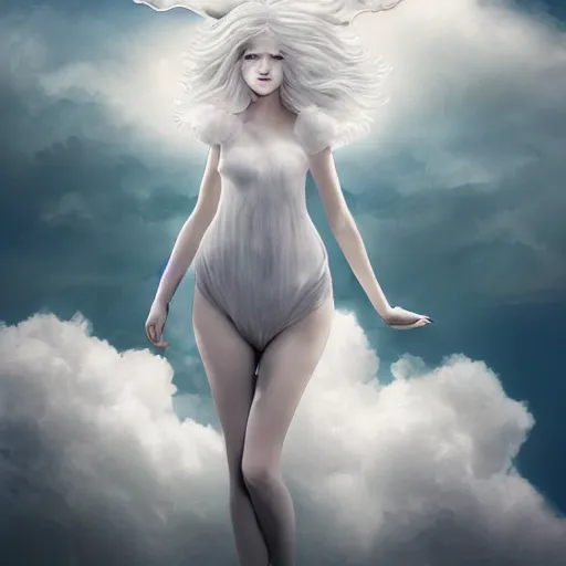 Image similar to goddess wearing a cloud fashion on the clouds, photoshop, colossal, creative, albino skin, giant, digital art, photo manipulation, clouds, covered in clouds, girl clouds, on clouds, covered by clouds, airplane in the sky, white hair, digital painting, artstation, impressionism