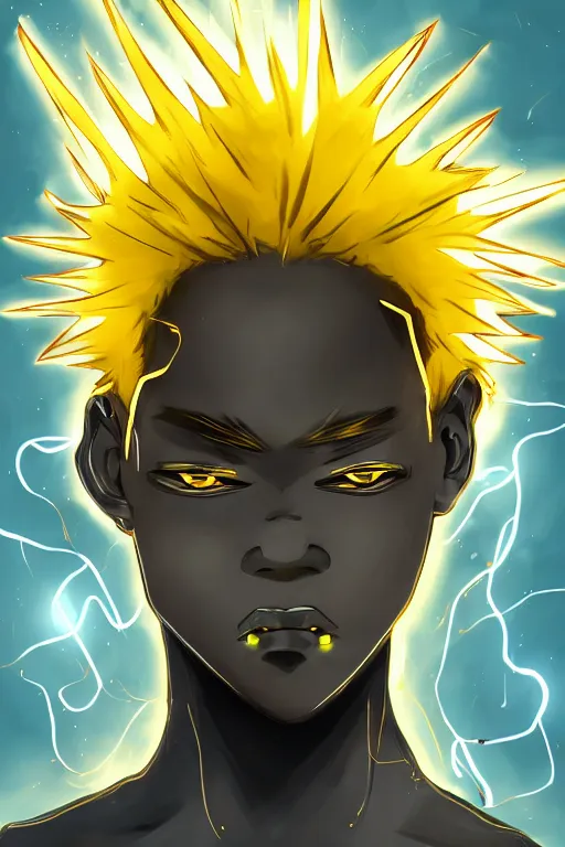 Image similar to glowing black male anime character, golden hair, yellow eyes, symmetrical, highly detailed, digital art, sharp focus, trending on art station, crazy hair, electricity everywhere, anime art style