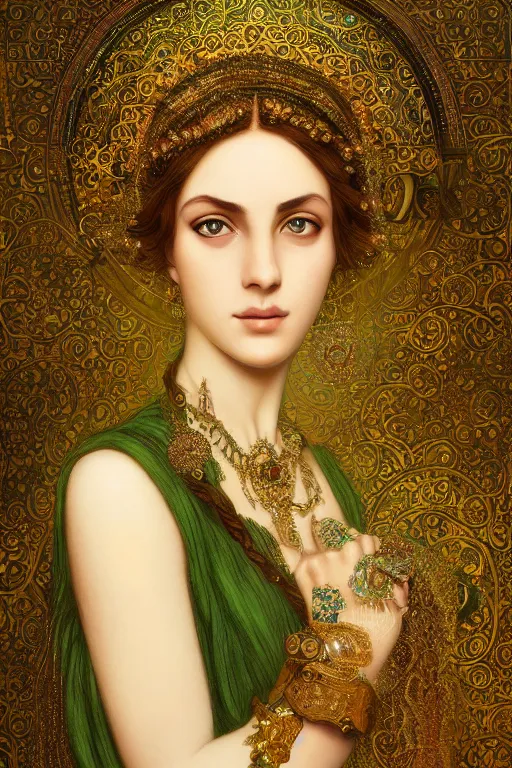 Prompt: 8k Portrait of a Beautiful Arabic female, sad green eyes, beautiful Porcelain skin, elegant, jewellery, digital painting, Pre-Raphaelites, highly detailed, concept art, cinematic lighting, smooth, sharp focus, gold and indigo, illustration, art by Klimt and Alphonse Mucha.