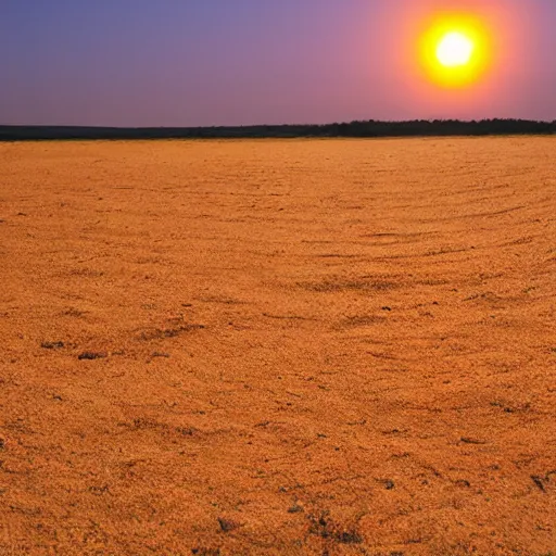 Image similar to big sun on horizon with smooth ground and parallel shadows