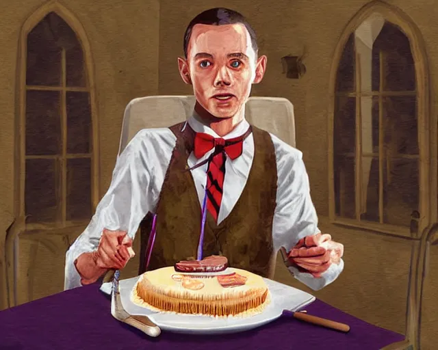 Image similar to Forrest gump eating a cake in hogwarts, digital art, highly detailed, in the style of Irina French