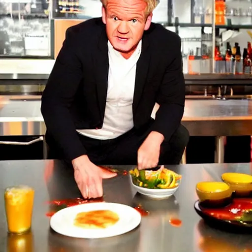 Prompt: <photo hd reaction>Gordon Ramsey in furious rage about the amount of ketchup on his plate</photo>