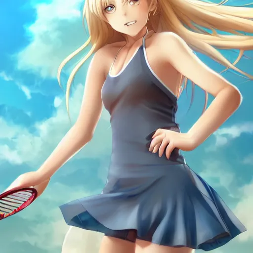 Image similar to a very beautiful young anime tennis girl, full body, long wavy blond hair, sky blue eyes, full round face, short smile, bikini, miniskirt, highly detailed, cinematic wallpaper by stanley artgerm lau