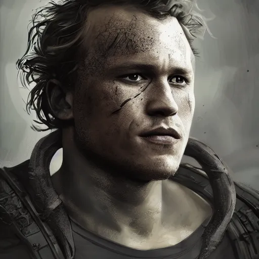 Image similar to heath ledger portrait, dystopia core, apocalyptic, armor, warrior, dramatic, sharp focus, fiction, neon, fantasy, hyper detailed, digital art, trending in artstation, cinematic lighting, studio quality, smooth render, unreal engine 5 rendered, octane rendered, art style and nixeu and wlop and krenz cushart