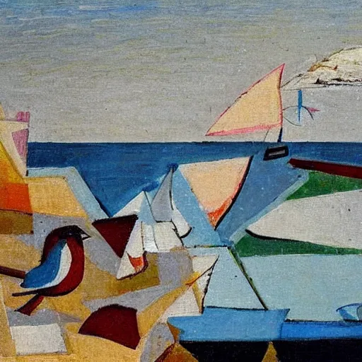 Prompt: A coast with sand and small rocks with a blue sky and a troubled sea and an old sailing ship on the horizon and in the sky is a flock of birds flying southwards, painted in oil colours, cubism