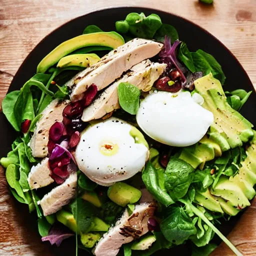 Image similar to chicken salad with avocado and poached egg, food photography