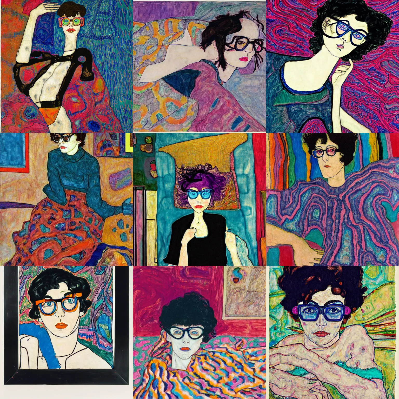 Prompt: egon schiele teen girl short black shaggy asymetrical bob haircut and thin blue frame glasses, dressed in black lace, laying over a colorful and bright trippy victor moscoso room. colorful.