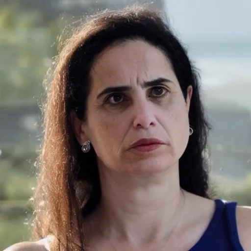 Prompt: Ayelet Shaked sad and hopeful, in a white tank top, smooth skin, symmetrical face. hd.