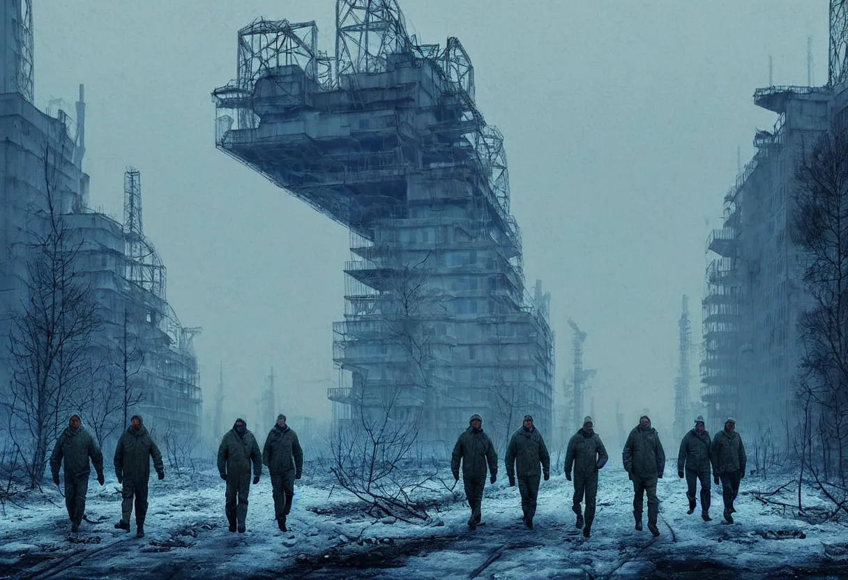 Image similar to chernobyl liquidators walking in postapocalyptic winter cityscape, 4 k, high quality, sharp focus, ultra high definition, ultra detailed, symmetry, fog, matte painting, by greg rutkowski and ross tran and wlop