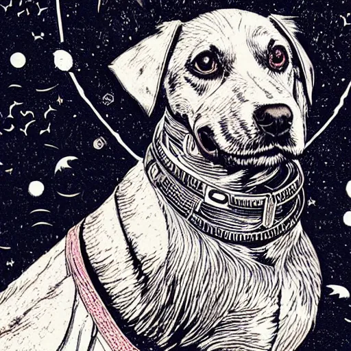 Image similar to Woodcut portrait of a beautiful cute dog with robot ears by falling into the stars greg rutkowski, 4k, intricate details