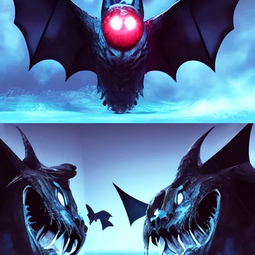 Prompt: front and back character view of scary giant mutant dark blue humanoid bat, glowing red eyes flying above a stormy ocean, sharp teeth, acid leaking from mouth, realistic, giant, bat ears, bat nose, bat claws, bat wings, furred, covered in soft fur, detailed, trending on artstation clean concept art and sheet that using unreal engine 5 render and hyper detailed 3D texture with cinematic software light 85mm f/1.4