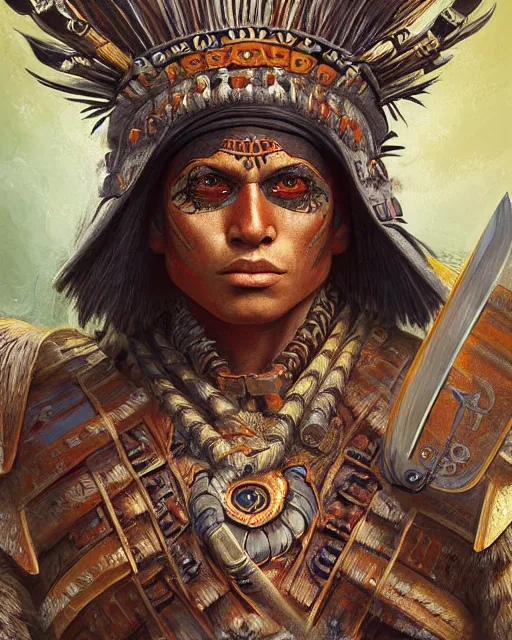 Image similar to digital painting of a warrior papalotl by filipe pagliuso and justin gerard, symmetric, fantasy, detailed, intricate, portrait, sharp focus, tarot card, handsome