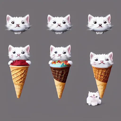 Image similar to cute kitten and puppy heads as ice cream scoops on cones, hyperrealistic, trending on artstation