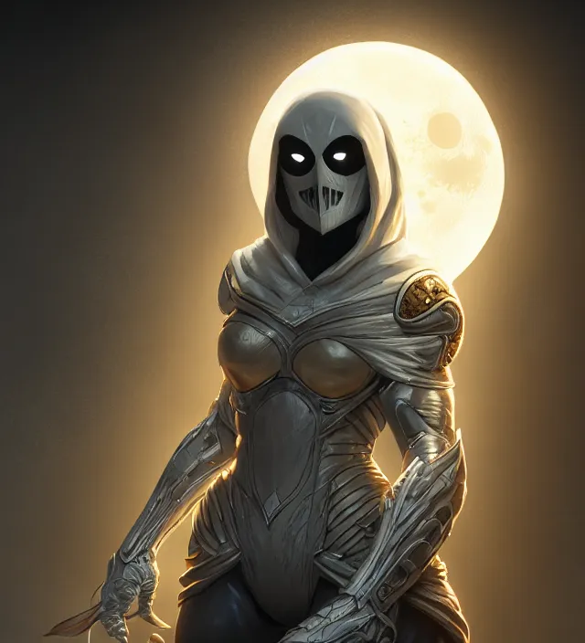 Image similar to female moon knight, hyper detailed, digital art, trending in artstation, cinematic lighting, studio quality, smooth render, unreal engine 5 rendered, octane rendered, art style by klimt and nixeu and ian sprigger and wlop and krenz cushart