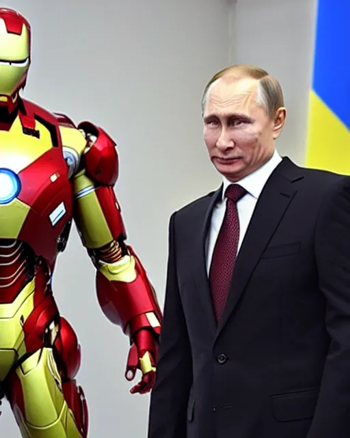 Image similar to vladimir putin wearing a military exoskeleton, iron man, ukraine