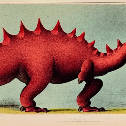 Image similar to antique lithograph from 1 9 0 0 of red stegosaurus, playing a piano