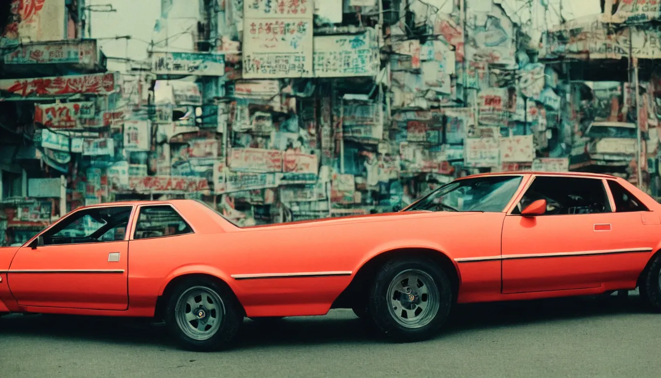 Image similar to 8 0 s asian neon movie still, portrait of a vintage muscle car, medium format color photography, blurred background, movie directed by kar - wai wong, hyperrealistic, photorealistic, high definition, highly detailed, tehnicolor, anamorphic 5 0 mm lens