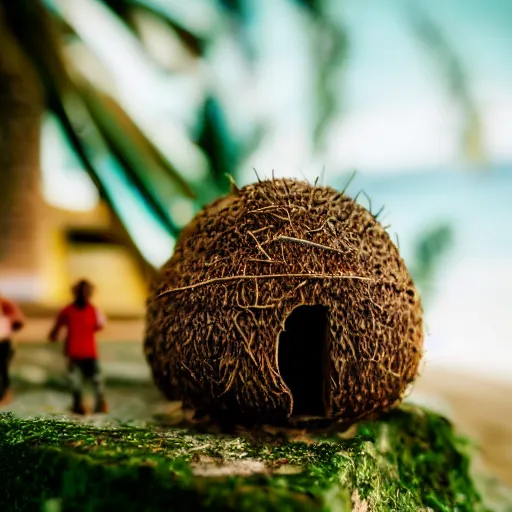 Image similar to macro photo of a miniature secret hidden world with tiny buildings and people inside of a coconut