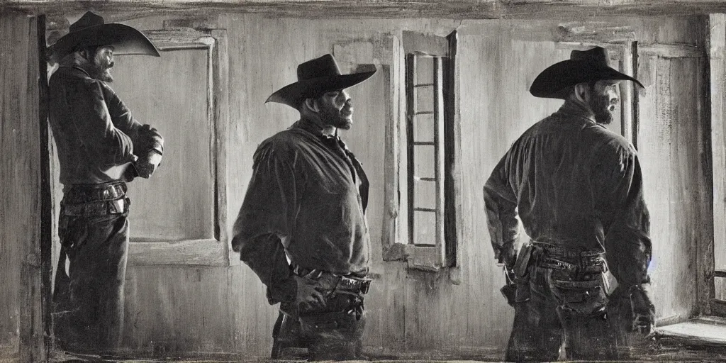 Prompt: in an old west cabin, close up portrait of beautiful Mila Jovovich face ((alone)) in the doorway and Dave Bautista cowboy standing opposite ((alone)) at the window, arguing, symmetrical, in the style of Fredrick Remington, oil painting