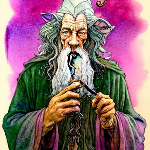 Image similar to a realistic and atmospheric watercolour fantasy character concept art portrait of gandalf with pink eyes looking happy and confused and smoking weed out of his pipe with a pot leaf nearby, by rebecca guay, michael kaluta, charles vess and jean moebius giraud