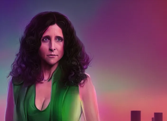 Prompt: beautiful Julia Louis-Dreyfus, blade runner 2049, long flowing hair, trending on artstation, unreal engine, purple neon, green rain, matte painting