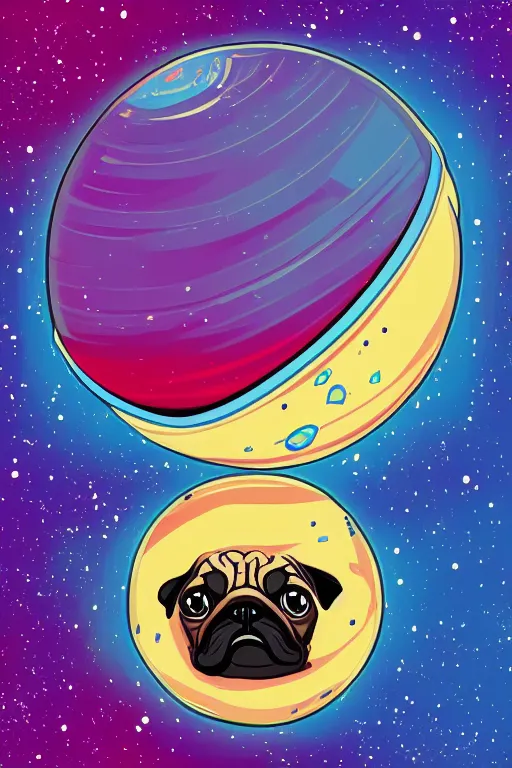 Image similar to planet pug floating in space, art by iktor miller gausa, sticker, colorful, illustration, highly detailed, simple, smooth and clean vector curves, no jagged lines, vector art, smooth