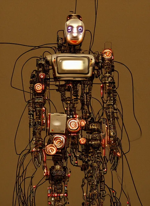 Prompt: Techno-biological rusty Japanese robot geisha consisting of wires and actuators. Biopunk, body armor, high detail, photorealism, full length view, concept art, dark background, irobot, AI (film), bladerunner 2049, Dan Mumford, Quixel Megascans, kanji tattoos and decals, octane render, 16k, 8k