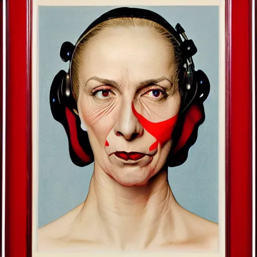 Image similar to Frontal portrait of a science fiction woman with a hysterical facial expression. White and red color palette. Norman Rockwell painting.