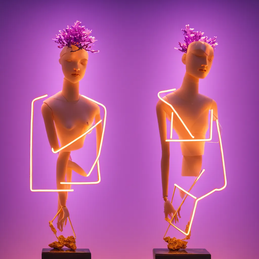 Image similar to beautiful mannequin sculpted out of amethyst by billelis + lit with geometric neon + kintsugi, facing a doorway opening with neon pink geometric light + gold geometric cubed bonsai plants, clean linework, dramatic, finely detailed, rule of thirds, moody, award winning, 4 k, trending on artstation, photorealistic, volumetric lighting, octane render