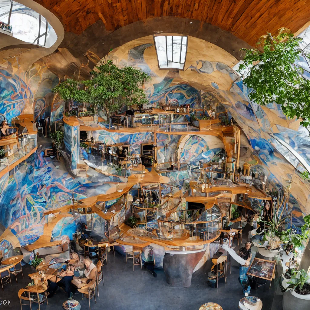 Prompt: inside luxurious earthship cafe with sunken lounge and indoor garden with skylights, friendly barista, and artist painting an alex grey mural on the wall, clean and simple composition, golden ratio, rule of thirds, XF IQ4, 150MP, 50mm, F1.4, ISO 200, 1/160s, dawn
