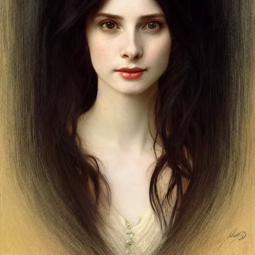 Image similar to Portrait of a beautiful, pale skin, female with long black hair, dark brown eyes, smiling, elegant clothing, photorealistic, highly detailed oil painting, artstation, smooth, sharp focus, art by Klimt, artgerm, Greg Rutkowski and Alphonse Mucha, natural light, Adobe Lightroom, photolab, Affinity Photo, PhotoDirector 365, artstation