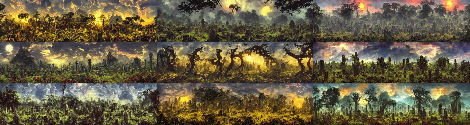 Prompt: jungle vines, big graveyard gravestones, dramatic sky, ground broken, backlight, dramatic sunrise, oil painting landscape by frazetta!!!