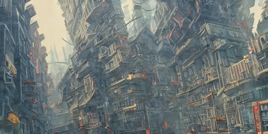 Image similar to shanghai buildings, stylized, exterior, architecture, in watercolor gouache detailed paintings, insanely detail, artstation, 8 k, futuristic, big medium small, arcane, simon stalenhag, food stall, interesting shapes & form, golden ratio, megastructures, vitaly bulgarov, mall