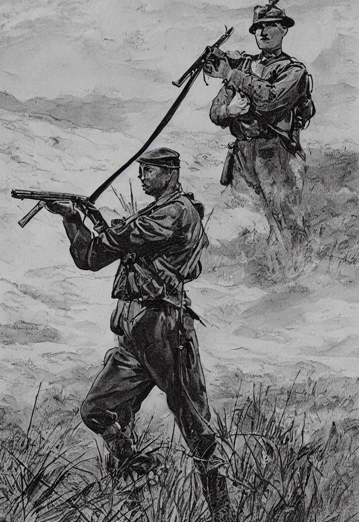 Image similar to comic book of a boer soldier in the south-african veld holding a rifle during the anglo-boer war. 50s comic book illustration. evening light, dramatic, warm, dynamic composition