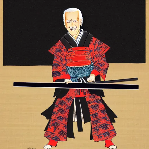 Image similar to joe biden dressed as a samurai in an edo period japanese ink block painting, 4 k, hyper realistic, dslr, high resolution, landscape, beautiful