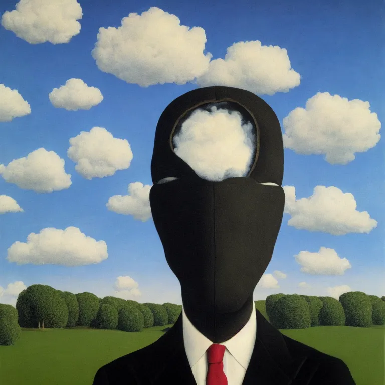 Image similar to portrait of a faceless masked - head man in a suit and black gloves, clouds and nature landscape in the background, by rene magritte, detailed painting, distance, centered, hd, hq, high resolution, high detail, 4 k, 8 k