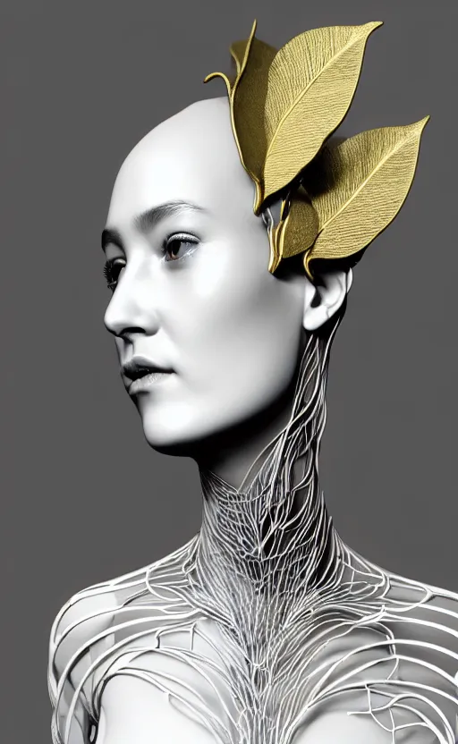Prompt: complex 3d render of a beautiful porcelain profile woman face, vegetal dragon cyborg, 150 mm, beautiful natural soft light, rim light, silver gold details, magnolia leaves and stems, roots, fine lace, maze like, mandelbot fractal, anatomical, facial muscles, cable wires, microchip, elegant, highly detailed, white metallic armour, octane render, black and white, H.R. Giger style