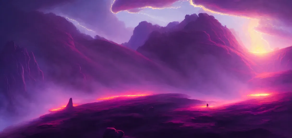 Prompt: post - minimalism portrait of pools of the fire elemental, bird's eye view, goliath werebear rolling, iridescent clouds, vibrant violet color scheme, highly detailed, in the style of romanticism, cinematic, artstation, moebius, greg rutkowski