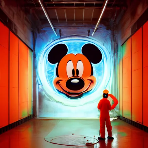 Prompt: a enormous giant mickey mouse head being drilled in a scientific experiment by small workers wearing orange coveralls inside of a dark old warehouse, red and blue - green lighting, cinematic, art by beeple and wlop, digital art, trending on artstation, award winning